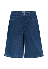 Culotte in denim blu intenso con vestibilità rilassata, caratterizzati da chiusura con bottone, cinque tasche e cuciture a contrasto chiare.