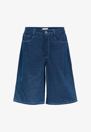 Denim-Culottes in Dunkelblau mit lockerem Schnitt, ausgestattet mit einem Knopfverschluss, fünf Taschen und leichter Kontrastnaht.