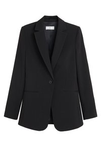 Blazer nero con vestibilità sartoriale, rever a punta, chiusura con un solo bottone, due tasche frontali e superficie liscia. Interno foderato.