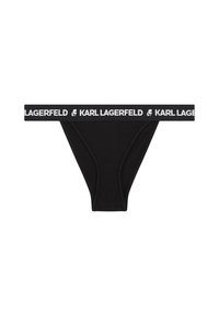 Zwarte string onderbroek van zacht materiaal. Voorzien van een brede elastische tailleband met het "KARL LAGERFELD" logo in het wit. Eenvoudig en minimalistisch ontwerp.