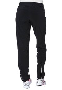 Black athletic pants with a smooth texture, featuring a zippered back pocket and reflective accents near the cuffs.