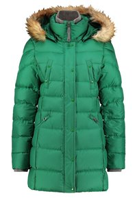 Grön puffjacka med huva med fuskpäls, dragkedja och tryckknappar, texturerade sidofickor och ribbad funktionsmanchett.
