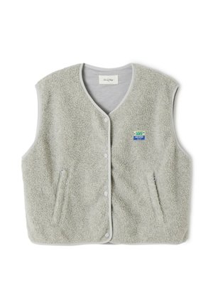 Grau gefütterte Weste mit Knopfverschluss, zwei seitlichen Taschen und einem kleinen farbenfrohen Markenlogo auf der linken Seite. Die Kanten haben einen kontrastierenden Saum.