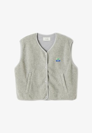 Gray fleece vest with a button front, two side pockets, and a small colorful brand logo on the left side. Edges have contrasting trim.
