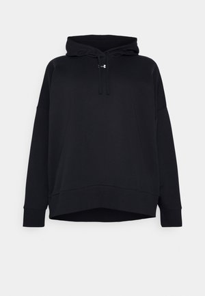 Sudadera negra hecha de material suave, con capucha ajustable, corte holgado, hombros caídos y puños y dobladillo acanalados.