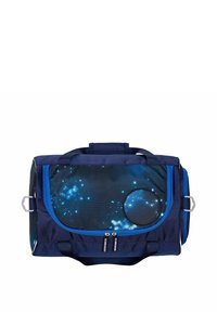 Bolsa de viaje azul marino con un diseño estrellado, que incluye una ventana redonda de ventilación de malla, cierre con doble cremallera y asas resistentes para llevar.