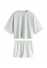 Short-sleeve, cropped top and matching shorts set, made of soft, striped fabric in pale colors with an elastic waistband and relaxed fit.
