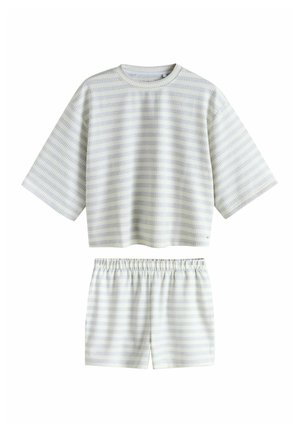 Short-sleeve, cropped top and matching shorts set, made of soft, striped fabric in pale colors with an elastic waistband and relaxed fit.