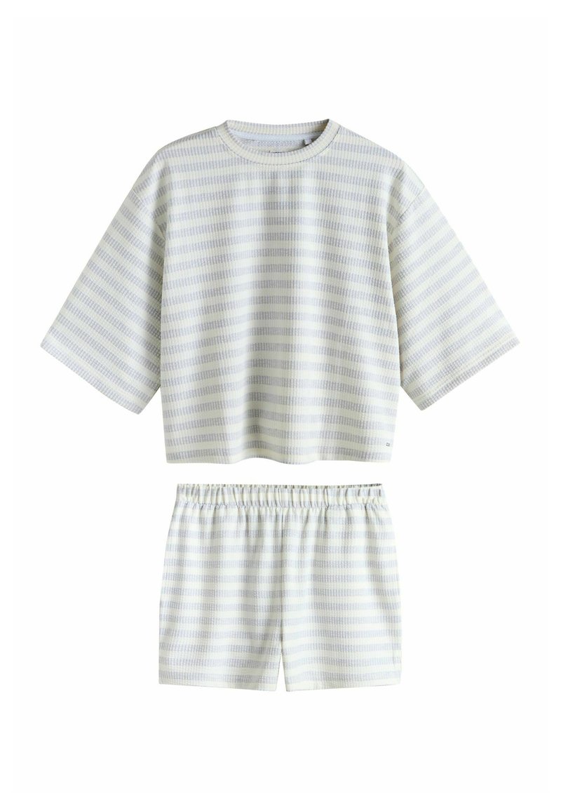 Short-sleeve, cropped top and matching shorts set, made of soft, striped fabric in pale colors with an elastic waistband and relaxed fit.