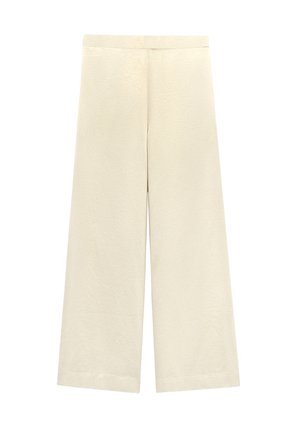 Szerokie spodnie wykonane z fakturowanej kremowej tkaniny, z wysokim stanem i prostymi, czystymi nogawkami bez dodatkowego sprzętu czy wzorów.