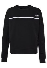 Felpa nera con maniche lunghe e scollo rotondo, con una striscia orizzontale bianca sul petto e il logo The North Face sul lato superiore destro.