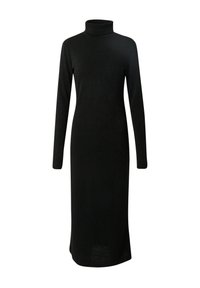 Zwart, lang mouwen turtleneck jurk met een getailleerde pasvorm, gemaakt van zacht materiaal, met een rechte zoom en een minimalistisch ontwerp.
