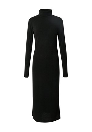 Schwarzes, langärmliges Rollkragenkleid mit schmaler Silhouette, aus weichem Stoff gefertigt, mit geradem Saum und minimalistischem Design.