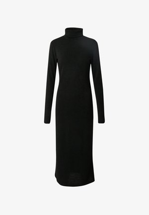Schwarzes, langärmliges Rollkragenkleid mit schmaler Silhouette, aus weichem Stoff gefertigt, mit geradem Saum und minimalistischem Design.