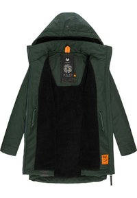 Green outer jacket with a black fleece lining, featuring a hood, side pockets, and an orange label. Zipper at the front and textured finish.