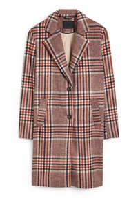 Ruitjes wolmix jas met grote uitgesneden revers, twee voorzakken, een enkele knoopsluiting en een beige voering. Kleuren omvatten rood, marineblauw en crème.
