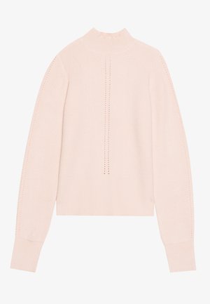 Lyserød turtleneck sweater med ribbet tekstur, prydet med lodrette striber og små udsparinger. Kort længde med tætsiddende ærmer.