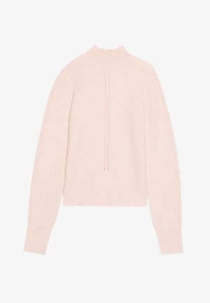Light pink turtleneck sweater with ribbed texture, featuring vertical stripes and small cutouts. Crop length with fitted sleeves.