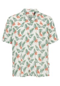 Kurzarmliges Hemd mit einem weißen Hintergrund und einem Muster aus rosa Flamingos und grünen Palmenblättern. Mit Knöpfen vorne und lässigem Schnitt.
