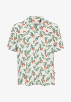 Lyhythihainen paita, jossa on valkoinen tausta, jossa on vaaleanpunaisia flamingoja ja vihreitä palmulehtiä. Napitettu etuosa ja rento istuvuus.