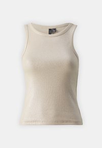 Beige rippad linne med rund halsringning och ärmlös design. Tyget har en lätt lyster som framhäver texturen och formen.