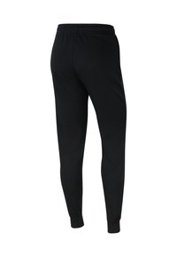 Schwarze, schmal zulaufende Sweatpants mit elastischem Bund und Bündchen an den Knöcheln, von hinten auf einem weißen Hintergrund angezeigt.