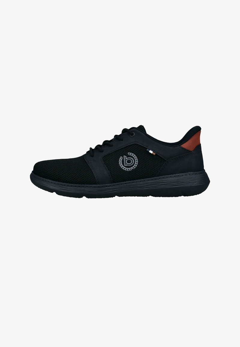Black athletic shoe made of mesh and synthetic materials, featuring a textured upper, rubber sole, and a contrasting red accent on the heel.