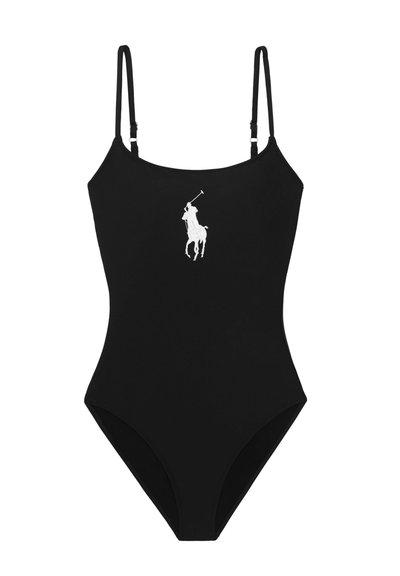 Μαύρο ολόσωμο μαγιό με λεπτές ρυθμιζόμενες τιράντες και λευκό λογότυπο παίκτη πόλο στο κέντρο του στήθους.