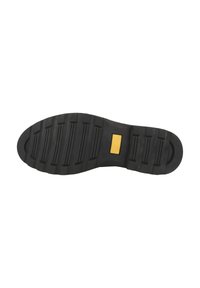 Sole di scarpa in gomma nera con scanalature orizzontali e una piastra logo gialla rettangolare. La forma è arrotondata all'estremità e piatta.