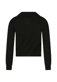 Maglione nero a coste con colletto a risvolto, maniche lunghe e lunghezza cropped. La texture è lavorata a maglia, offrendo un aspetto morbido e aderente.