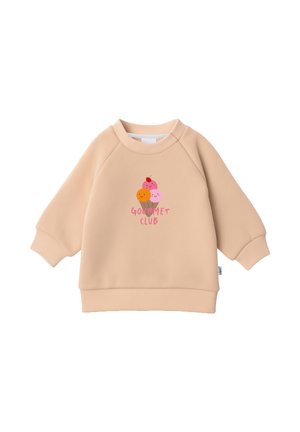Beiger Langarm-Sweatshirt mit gerippten Bündchen und Saum, mit einem bunten, lächelnden Eiscreme-Kegel-Grafik und dem Schriftzug "Gourmet Club" auf der Vorderseite.