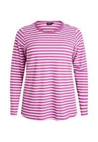 Majica dugih rukava s okruglim izrezom, koja ima horizontalne ružičaste i bijele pruge. Tkanina izgleda rebrasto i ima mekanu teksturu.