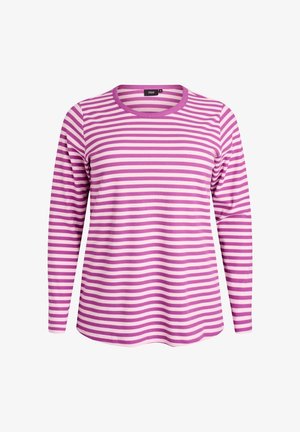 Majica dugih rukava s okruglim izrezom, koja ima horizontalne ružičaste i bijele pruge. Tkanina izgleda rebrasto i ima mekanu teksturu.
