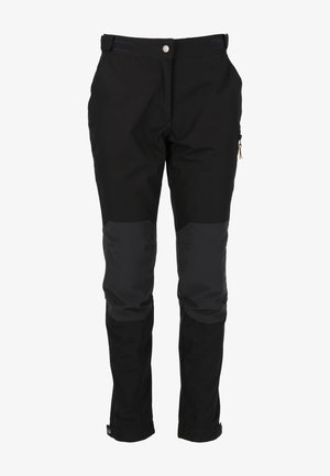 Zwarte broek gemaakt van duurzame stof met grijze verstevigde kniestukken, een voorvak met rits en verstelbare boorden bij de enkels.