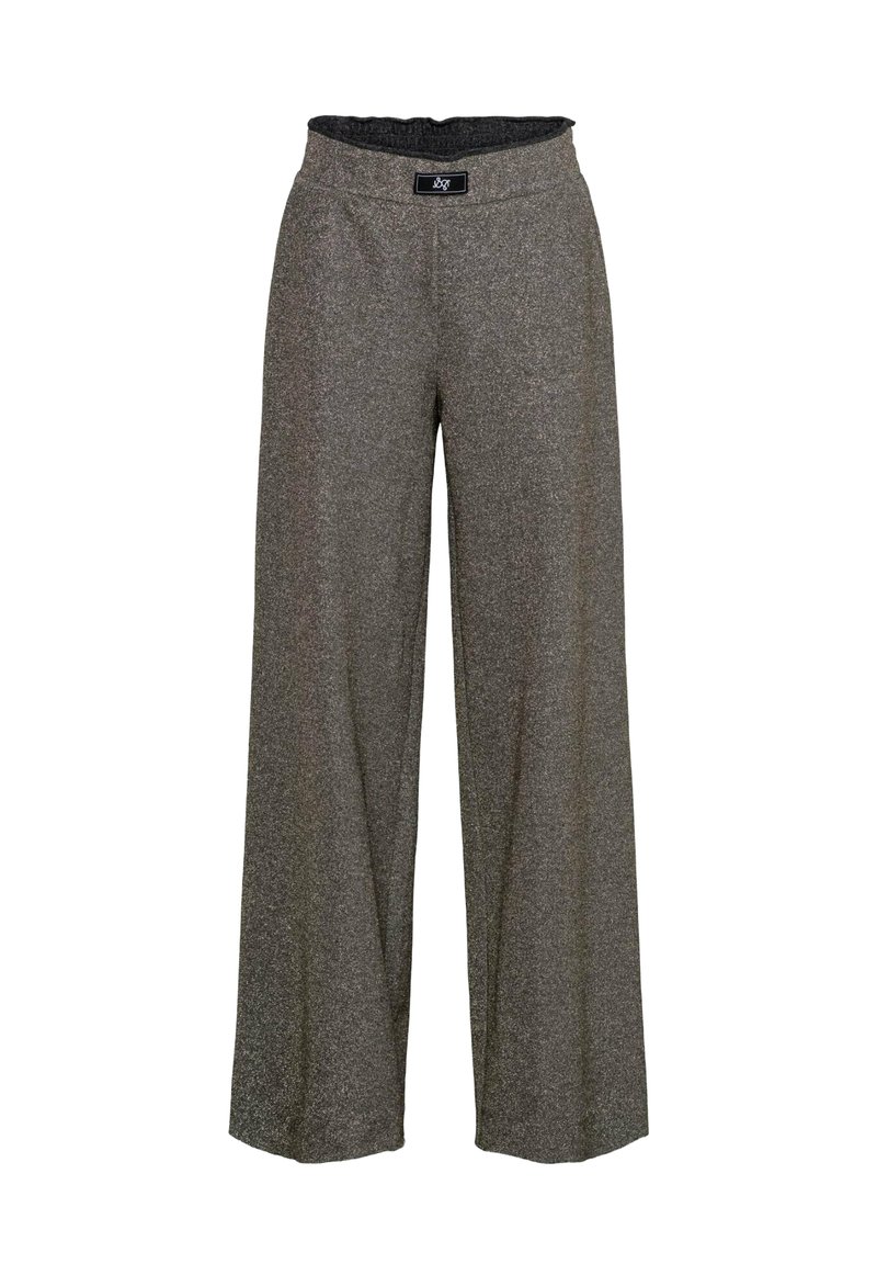 Grijze, wijde broek met een subtiele glans. Gemaakt van een gestructureerde stof, met een elastische tailleband en zonder zichtbare hardware.