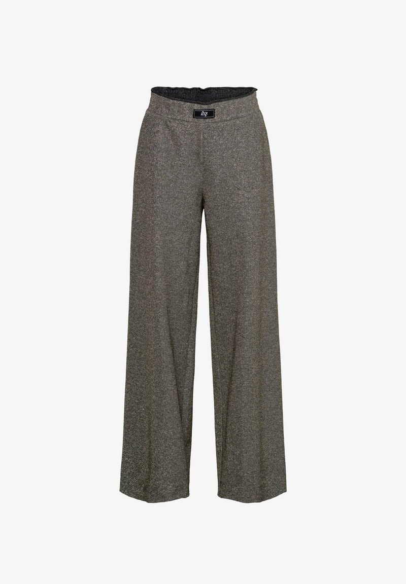 Grijze, wijde broek met een subtiele glans. Gemaakt van een gestructureerde stof, met een elastische tailleband en zonder zichtbare hardware.