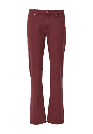 Bordeaux wijdvallende jeans gemaakt van een katoenmix. Voorzien van steekzakken, metalen knoopsluiting en lussen voor een riem. Vlotte textuur.