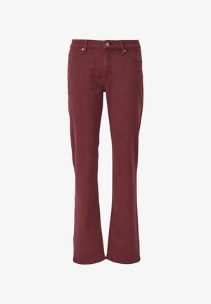 Bordeaux wijdvallende jeans gemaakt van een katoenmix. Voorzien van steekzakken, metalen knoopsluiting en lussen voor een riem. Vlotte textuur.