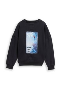 Felpa nera con scollatura rotonda, vestibilità comoda e maniche lunghe; presenta una grafica stampata di uno snowboarder su uno sfondo blu.