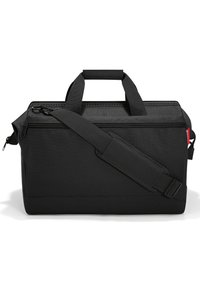 Schwarze rechteckige Tasche aus strapazierfähigem Stoff, mit doppelten Griffen und einem verstellbaren Schultergurt. Mit Reißverschluss und seitlichen Taschen.
