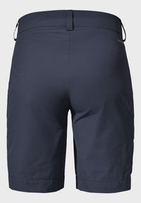 Marineblaue Herren-Knirpshorts in Kniehöhe mit Gürtelschlaufen und Seitenlaschen, von hinten auf einem schlichten Hintergrund gezeigt.