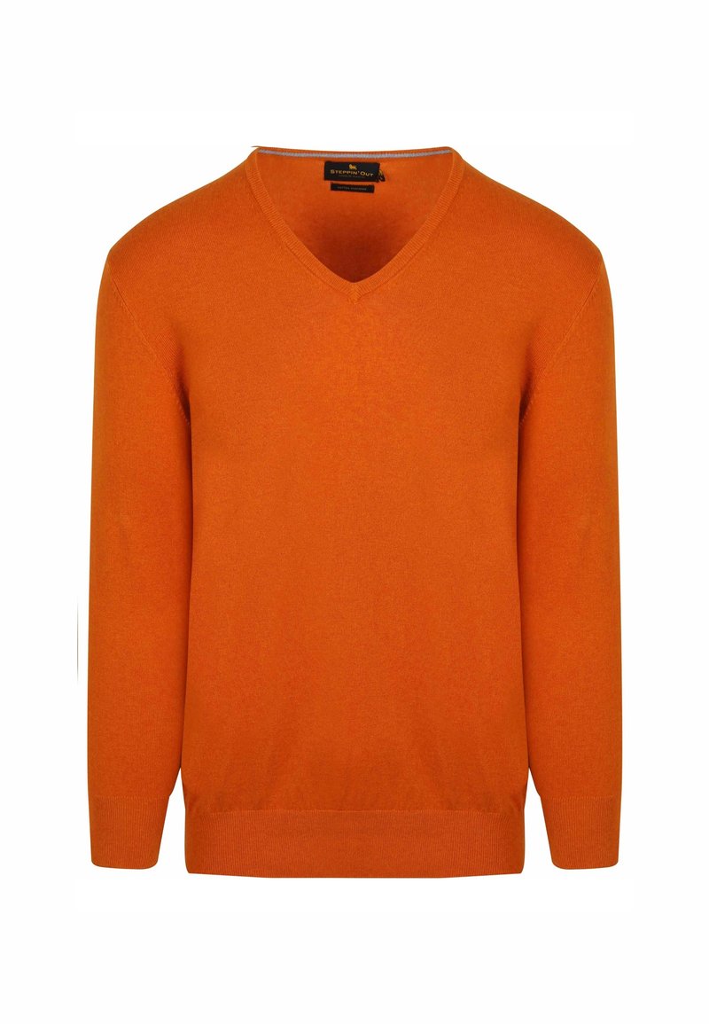O oranjerode V-halstrui van zachte stof, met lange mouwen en een aansluitende taille. Glad textuur zonder merkbare patronen of accenten.