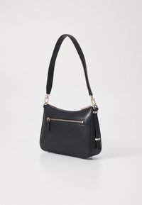 Black leather handbag with a single strap, featuring a front zip pocket, smooth texture, and silver-tone hardware accents.