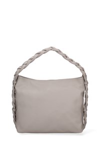 Borsa a mano in pelle grigia con manico intrecciato, caratterizzata da una superficie liscia e una forma rettangolare semplice. Apertura superiore con zip.