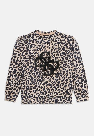 Langærmet sweatshirt med leopardprint, sort udsmykket sammenflettet logo og "GUESS" tekst midt på fronten.