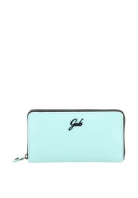 Portafoglio in pelle verde menta con texture liscia, chiusura con zip e dettaglio logo nero sul davanti. Presenta un design rettangolare slim.