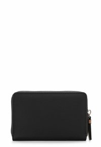 Black zippered wallet with a smooth, matte texture. Features a gold zipper pull and contrasting brown accent. Rectangular design.