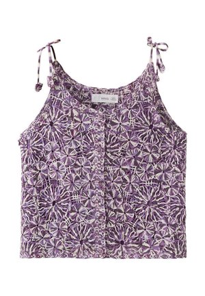 Haut sans manches en crochet floral violet et blanc avec boutons sur le devant et bretelles réglables à nouer sur fond blanc.