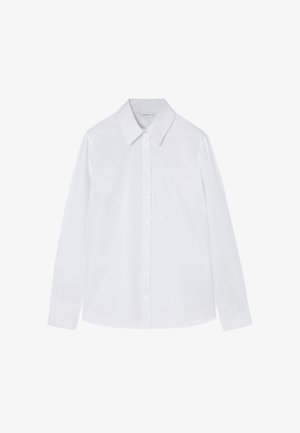 Hosszú ujjú fehér ing sima anyagból, klasszikus gallérral, gombos elülső résszel és szabott fazonnal. Hosszú ujjak és mandzsetta részletek jellemzik.