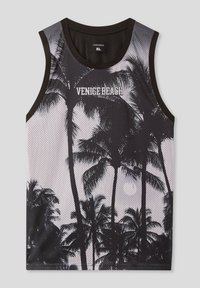 Canotta a rete bianca e nera con una grafica di una palma e il testo "VENICE BEACH". Tessuto morbido, design senza maniche. Taglia XL.